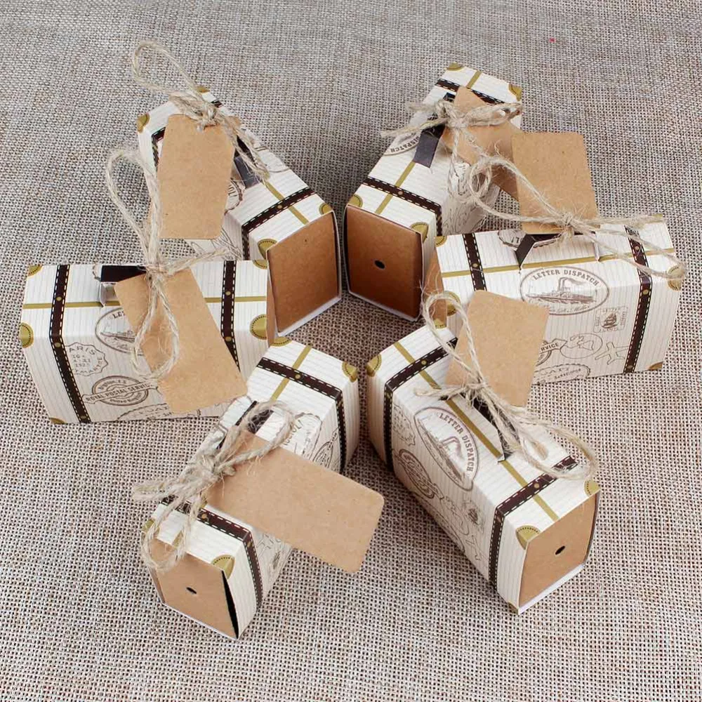 50 шт. мини чемодан коробка для конфет из крафт-бумаги Бонбоньерки свадебные подарочные коробки тематика путешествий вечерние на юбилей день рождения ребенка душ коробка