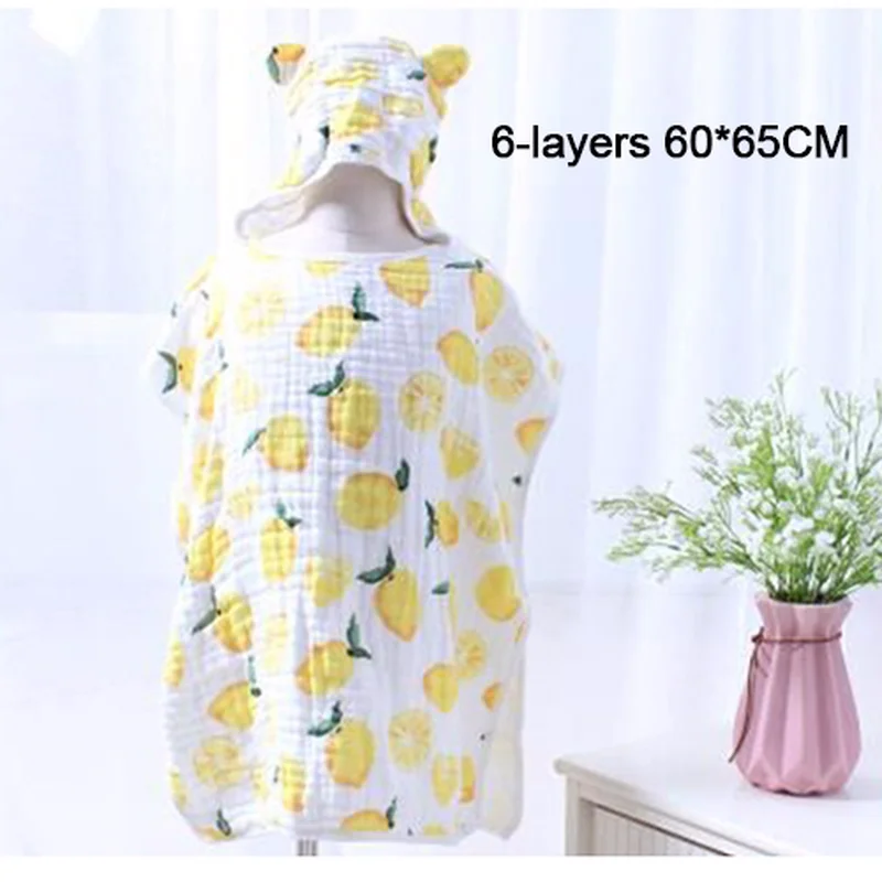 4/6-layer Kids Hooded Cloak Ultra-soft Superabsorbent Muslin Gauze Infants Bath Towel Printing Baby Boys Girl Bathrobe 60*65cm