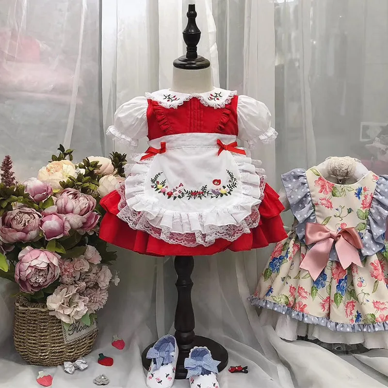 От 1 до 6 лет; красное винтажное платье с испанским помпоном для маленьких девочек; кружевное платье в стиле Лолиты; платье принцессы для девочек; праздничное платье на Рождество и день рождения