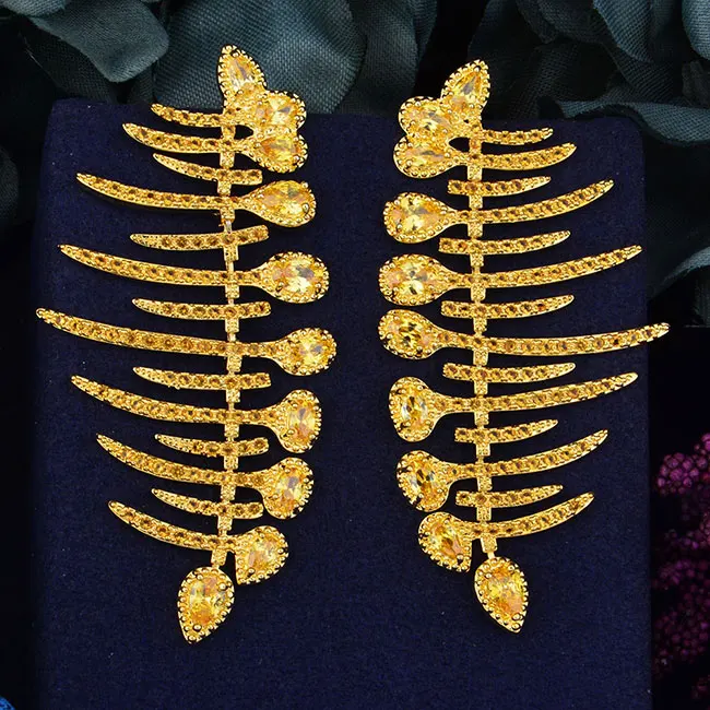 70 мм роскошный дизайн рыбьей кости модный разноцветный кубический цирконий для женщин Свадебные помолвки Модные серьги для женщин и девочек - Окраска металла: Yellow