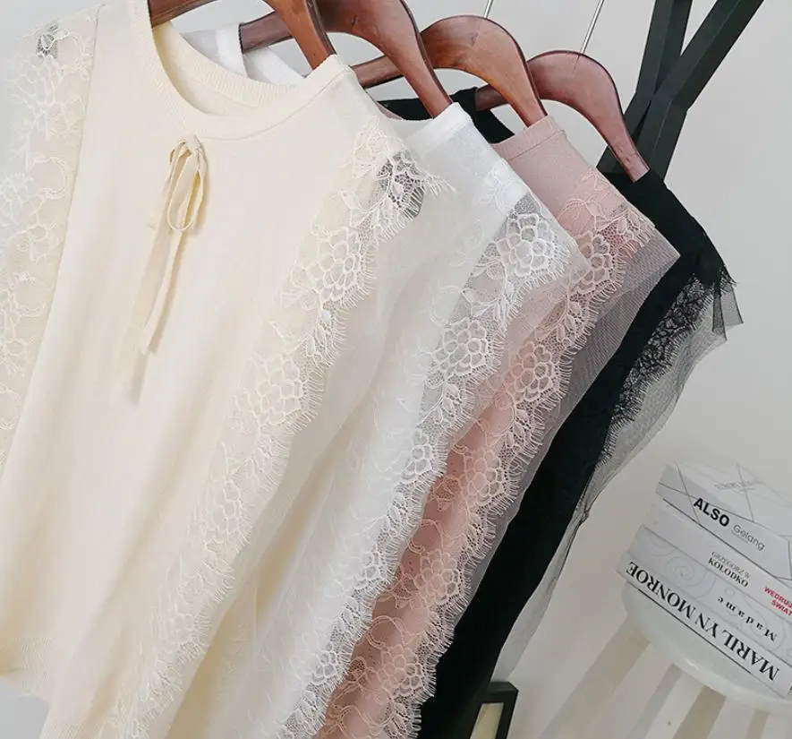

Baharcelin Women Girl Summer short Sleeve T Shirt Tops Knitted sweaters Cute Sweet Outwear lace tees basic Top clothing woman
