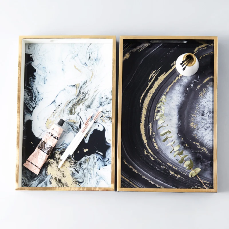 Nordic Vintage In Legno scatola di Immagazzinaggio Di Vetro Vassoio Piatto Da Tavola Creativo di Colore Oro Nebbia Nube Agata Texture Vassoio Del Tè Complementi Arredo Casa Artigianato