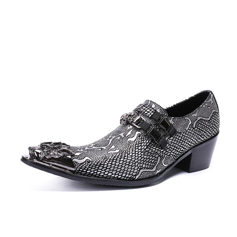 NX005 новые туфли из серебристой/золотой кожи с узором Мужские модельные туфли свадебные итальянские туфли на высоком каблуке со стальным острым носком и змеиным узором