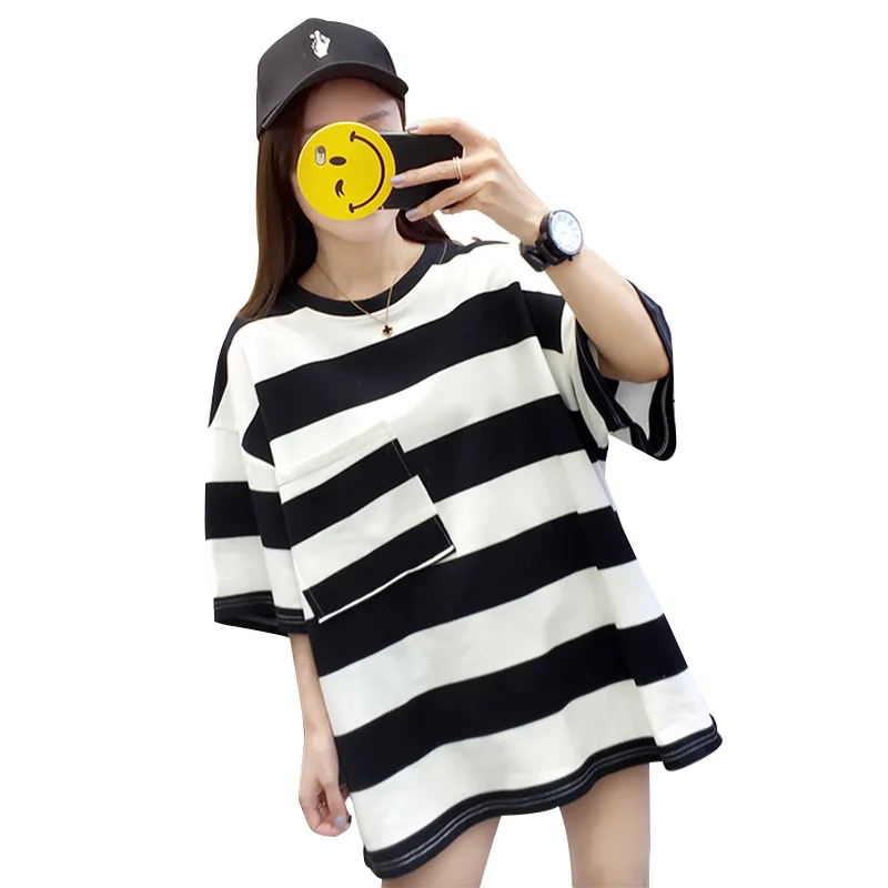 

ZXQJ A new casual top for the Korean version of a loose cotton short-sleeved striped T-shirt in summer 2019 plus size harajuku