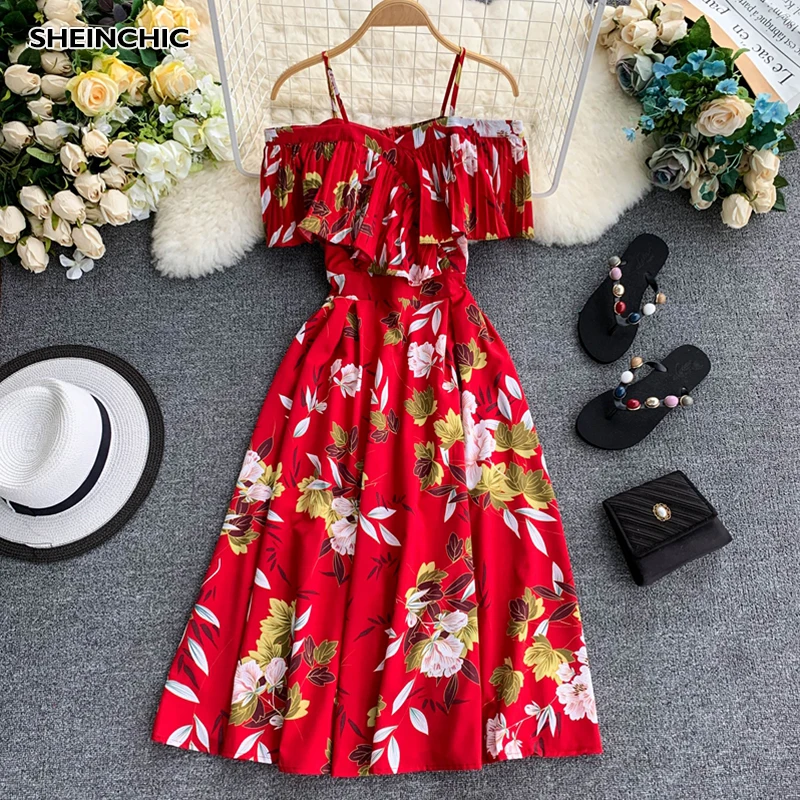 

Bohemian Summer Flower Floral Print Women Dress Elegant Slash Neck High Waist Spaghetti Strap Midi Dress Slim Beach Vestidos