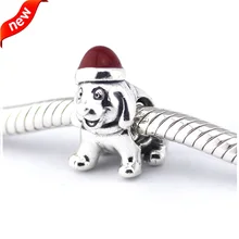 Подходит для Pandora Braclets Рождественские Подвески для щенков с красной эмалью серебряные бусины 925 пробы