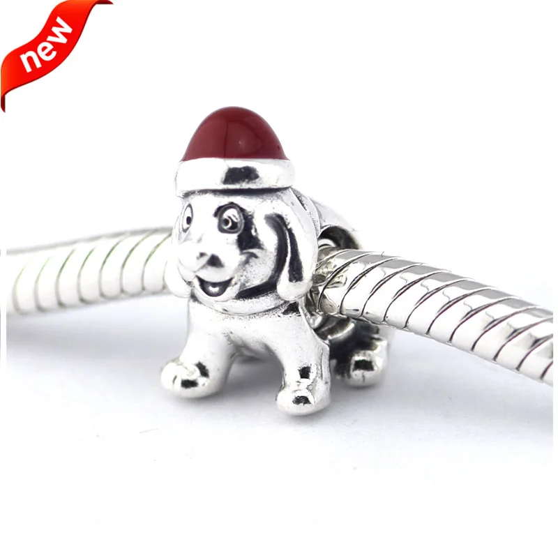 

Fits For Pandora Braclets Christmas Puppy Charms with Red Enamel 100% 925 Sterling Silver Beads Free Shipping