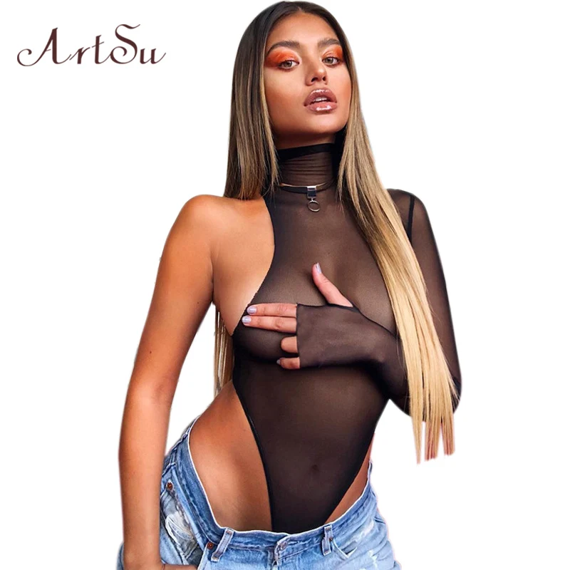

ArtSu See-Through Mesh Women Sexy Bodysuit Streetwear One Shoulder Turtleneck Black Bodycon Female Catsuit Body Romper ASJU41099