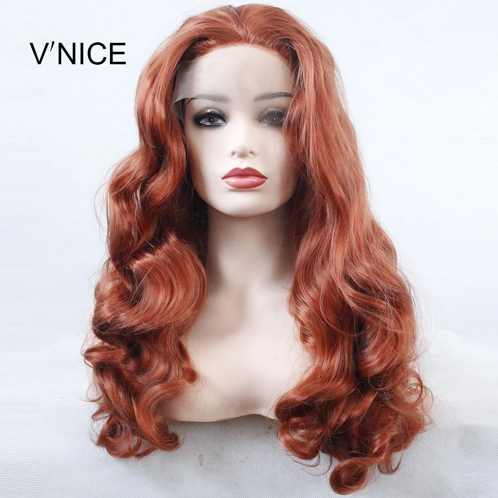 V'хороший длинный волнистый красный парик средней части, завязанный вручную высокотемпературное волокно, оранжевые парики, синтетический парик на кружеве для женщин