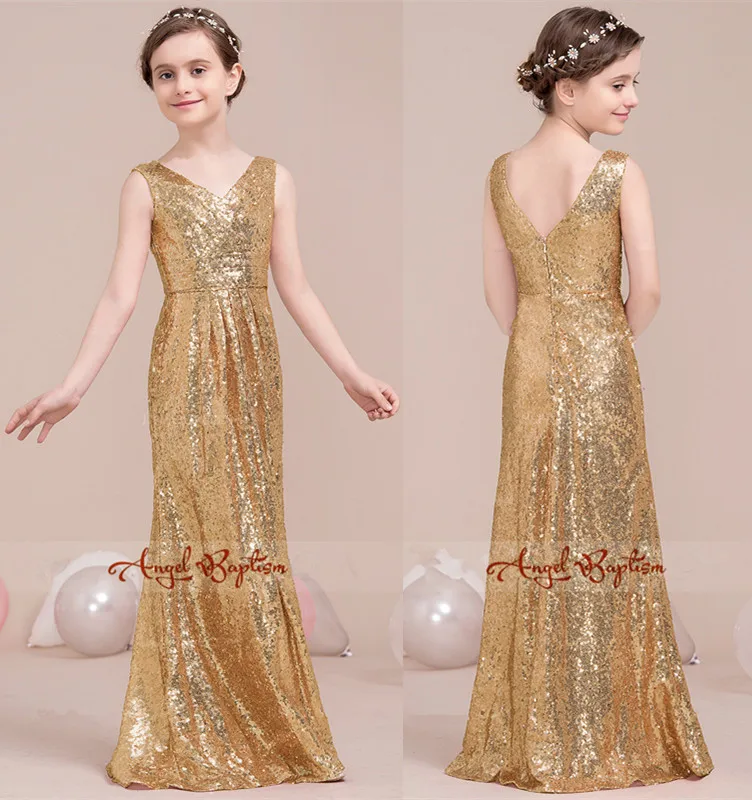 

Gold sequined V-neck flower girl dresses A-Line Floor-Length for Junior Bridesmaid With Ruffle for birthday party and wedding