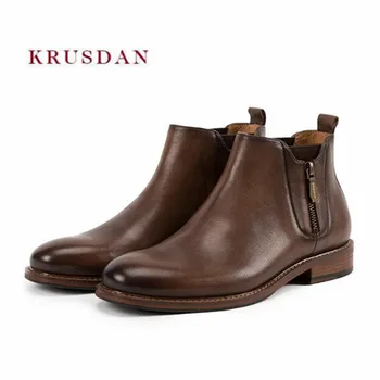 

KRUSDAN Casual Winter Short Boots Men Chelsea Ankle Boots Handmade Genuine Leather Wedding Shoes Men's Fashion Autumn Zip Flats