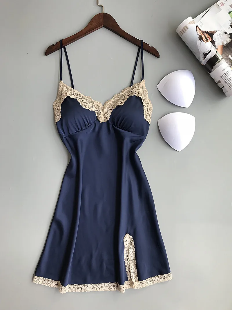 Lace Patched Woman Silky Smooth Slips with Pads Negligee Camisole Women Full Slips Nightgown Dress Sexy Lingerie 5 colors