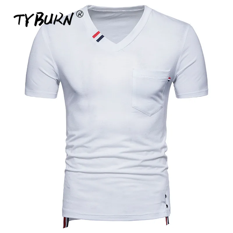 TYBURN 2019 Новая летняя футболка мужская мода карманный дизайн v-образный вырез Slim Fit