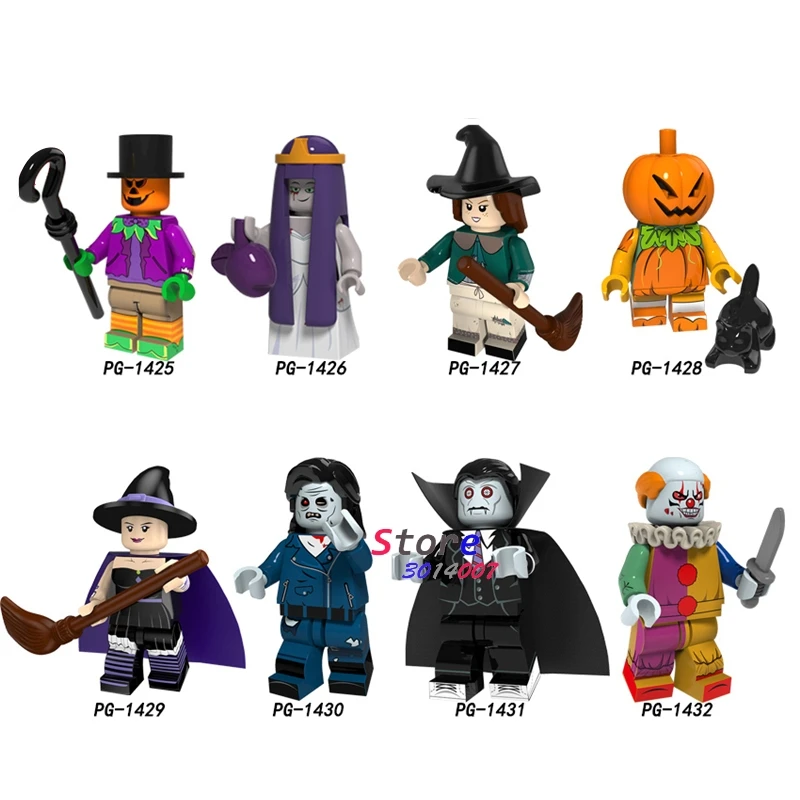 

Single Halloween Scarecrow Wedding Ghost Witch Pumpkin Man Zombie Vampire Clown Horror Theme building blocks toys for children