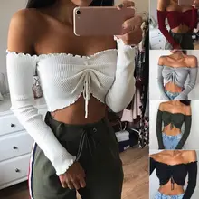 Женские жабо джемпер с открытыми плечами Ribbed Sleeve Crop Майки