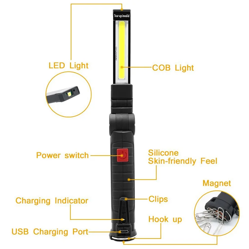 Мощный COB флэш-светильник, складной ручной фонарь, рабочий светильник, магнитная инспекционная лампа, встроенный аккумулятор, фонарь, usb-порт для зарядки, светильник