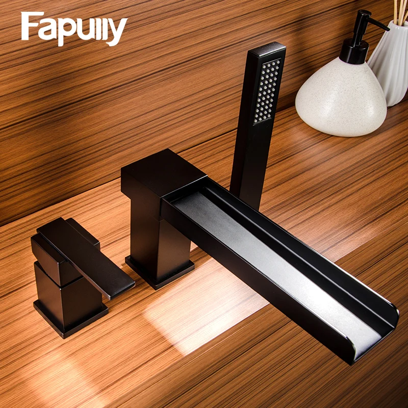 

Fapully Basin Faucet Waterfall Faucet Single Handle Bathroom Sink Black Mixer Taps Square Hot and Cold Water Bathtub Faucet 604