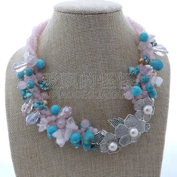 

N112206 18" 5Strands Pink Crystal& blue Stone Necklace