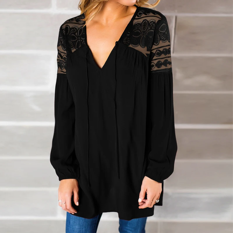 

2019 ZANZEA Elegant Women Solid Lace Crochet Chiffon Blouse Loose Casual Lace Up V Neck Long Sleeve Patchwork Work Party Shirt