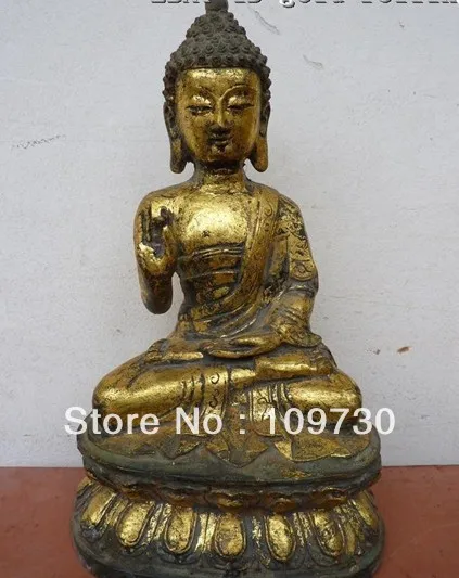 

00968 11"China Tibeten Buddhism Fane Old bronze gild sit sakyamuni buddha Statue
