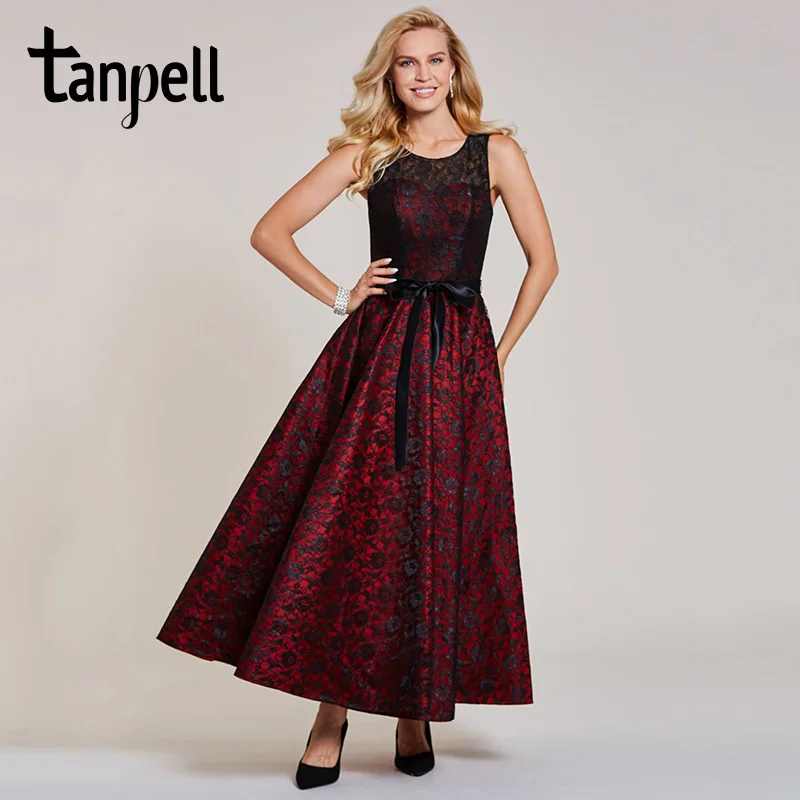 Tanpell lace bowknot evening dress burgundy sleeveless floor length a line dress women formal wedding party long evening dresses
