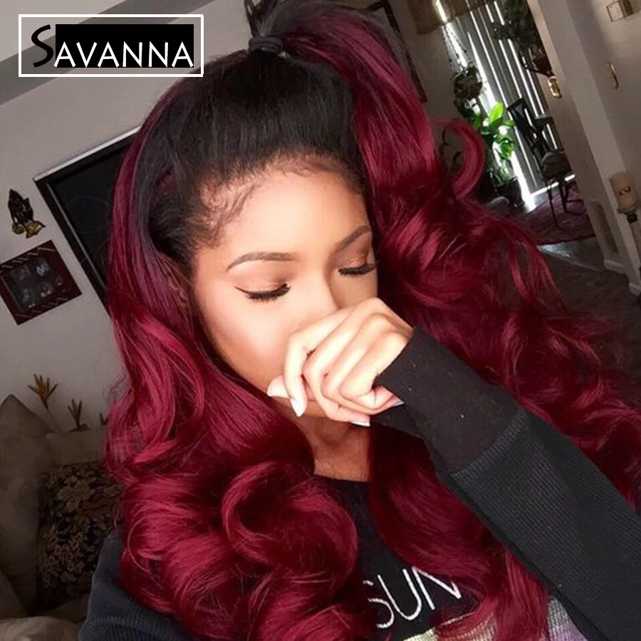 150Density Ombre Human Hair Wig 1b/Burgundy Glueless Lace Front/Full