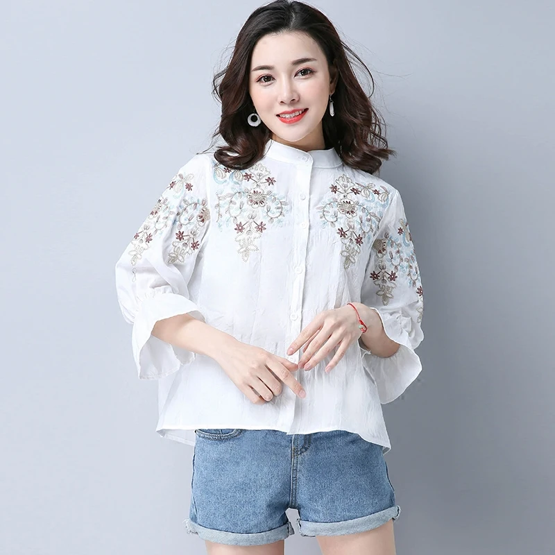 

Women Vintage Cotton Linen Embroidery Blouse New 3/4 Sleeve Blusas Feminina Stand Collar Loose Casual Shirts Tops White Blue
