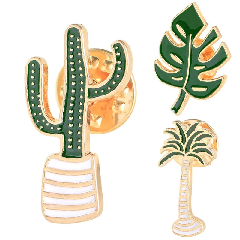 

3Pcs Cactus Coconut Tree Leaves Enamel Brooch Plant Potted Badge Collar Shoe Lips Decorative Clothing Cartoon Pins Badge