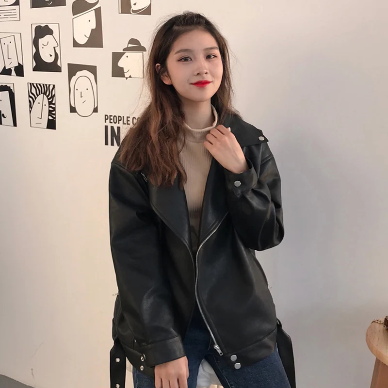 

2019 autumn new ladies fashion retro loose pu leather motorcycle jacket