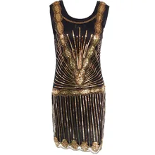 Women 1920s Vintage Art Deco Sequin Inspired Great Gatsby Flapper Cocktail Party Dress Shining Black With Gold Beaded Dresses