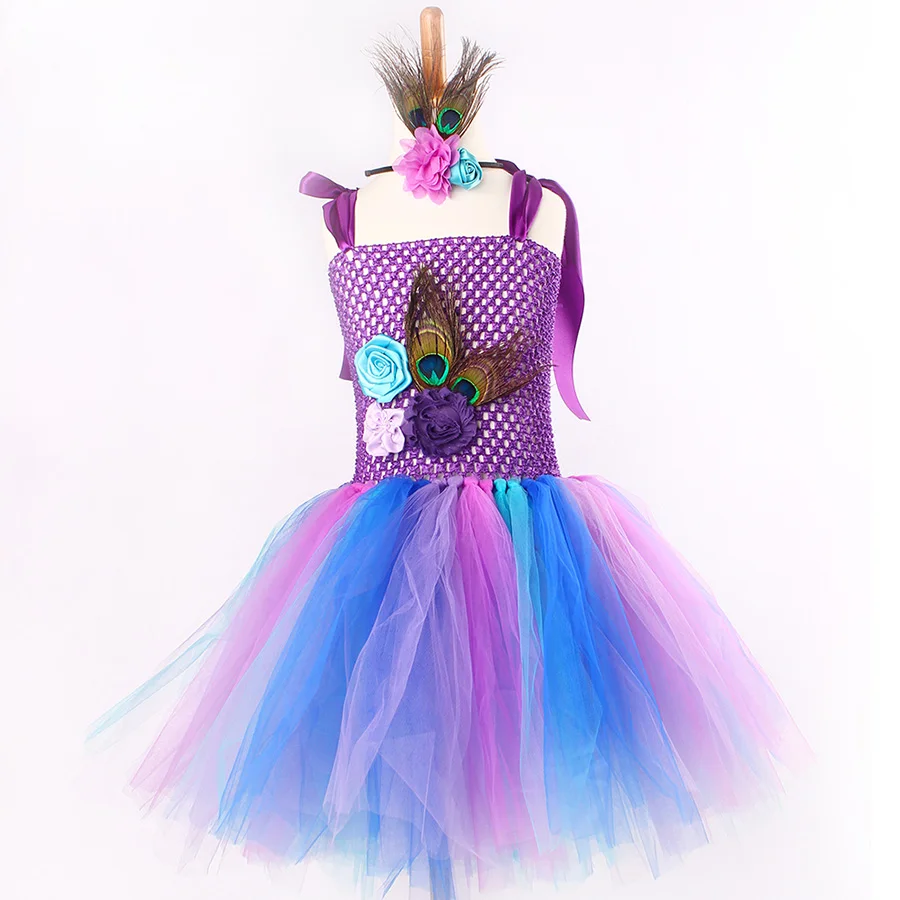 Kids Peacock Feather Halloween Purim Tutu Dress with Hair Hoop Flowers (14)