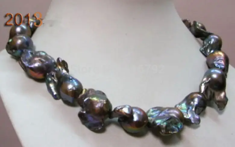 

YH@CS >18-25mm huge south sea baroque black pearl necklace 18" 14k