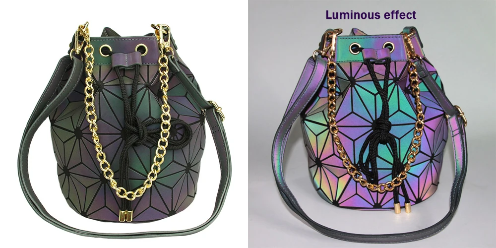 Новая женская сумка с геометрическим рисунком, простые складные сумки-ведро, светящиеся сумки, женская повседневная сумка Bao на шнурке