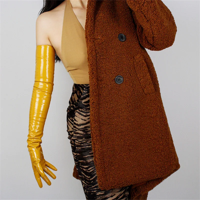 Женские дополнительные длинные кожаные перчатки 70 см длинный отрезок локоть имитация кожи PULong перчатки имбирный желтый Яркий желтый 5-QPJH08