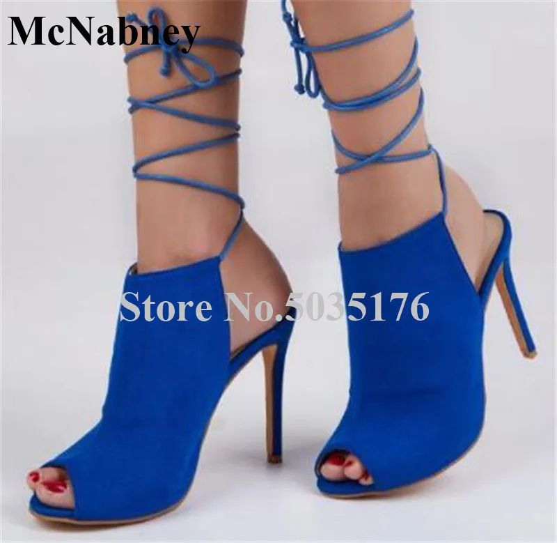 

2019 European Fashion Flock Solid Peep Toe Stiletto Heel Mid-Calf Strap Cross-tied Short Boots Lace-Up Spring/Autumn Women Shoes