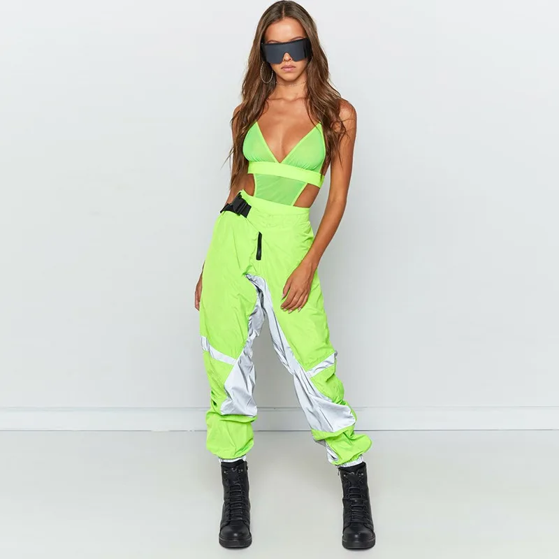 Women Loose Harem Pants Neon Green Reflective Sweatpants Hip Hop Trousers Fashion Ladies High Waist Buckle Trousers Plus Size Women Loose Harem Pants Neon Green Reflective Sweatpants Hip Hop Trousers Fashion Ladies High Waist Buckle Trousers Plus Size