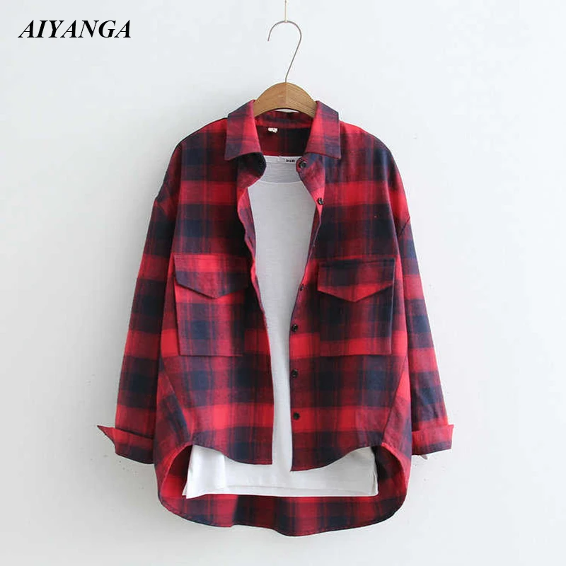 

AIYANGA 2018 Autumn Winter Plaid Blouses For Women Casual Checkered Shirts Loose Plaid Outerwear Big Size Tops Red Black