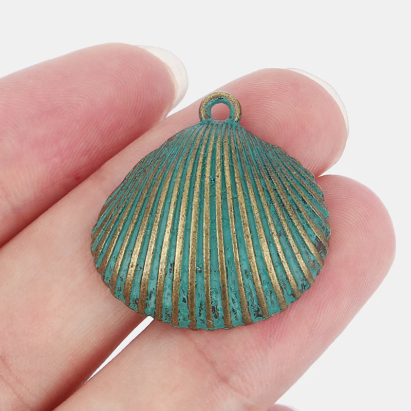 

10pcs Charms Fan Shell Pendant Patina Verdigris For Necklace Earring Bracelet Jewelry Making Findings Material 28*28mm
