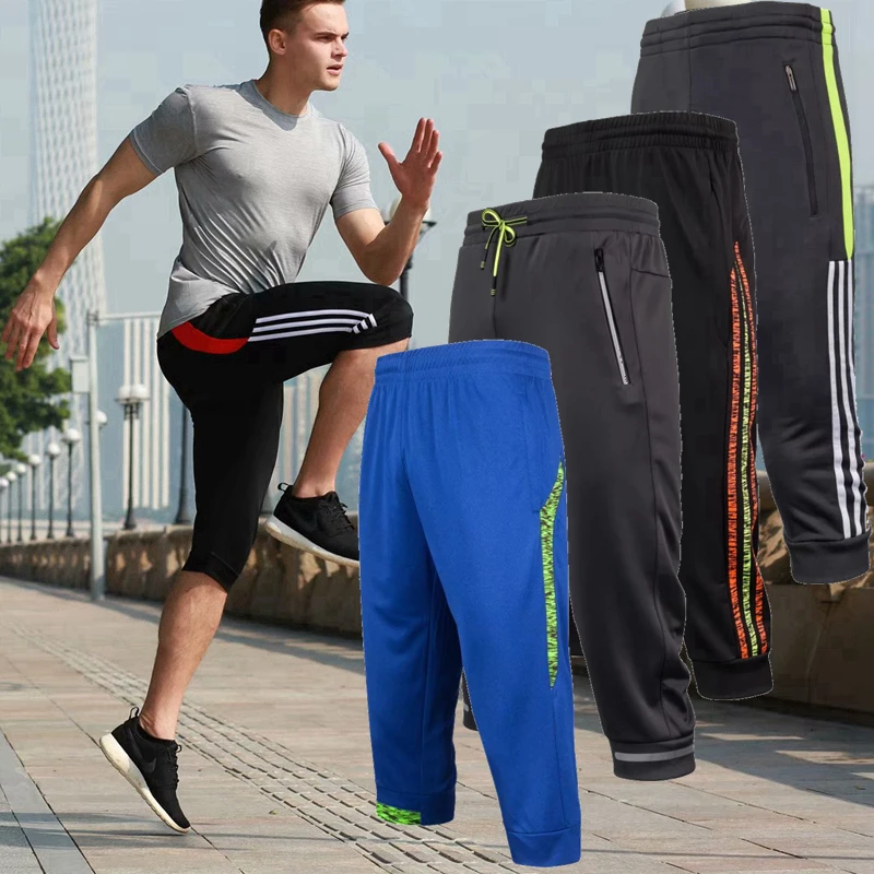 

2019 Men Soccer Training Pants Joggings Football Cropped 3/4 Pant Men Sports Running Fitness Trousers Zip pocket Sweatpants