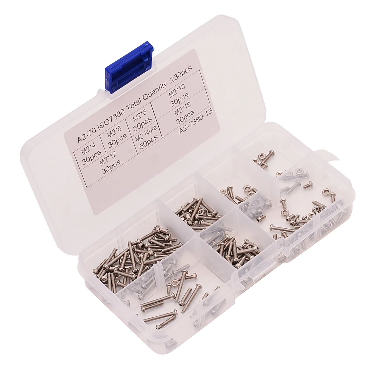 

230Pcs Stainless Steel M2 Hex Socket Button Head Screw Bolts & Nuts Assortment Kit with Box Practical
