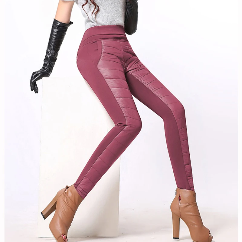 

Winter Women Trousers Plus Velvet Thicken Warm Down Cotton Trousers Elastic High Waist Feet Pants Black Blue Pencil Pants RE2488