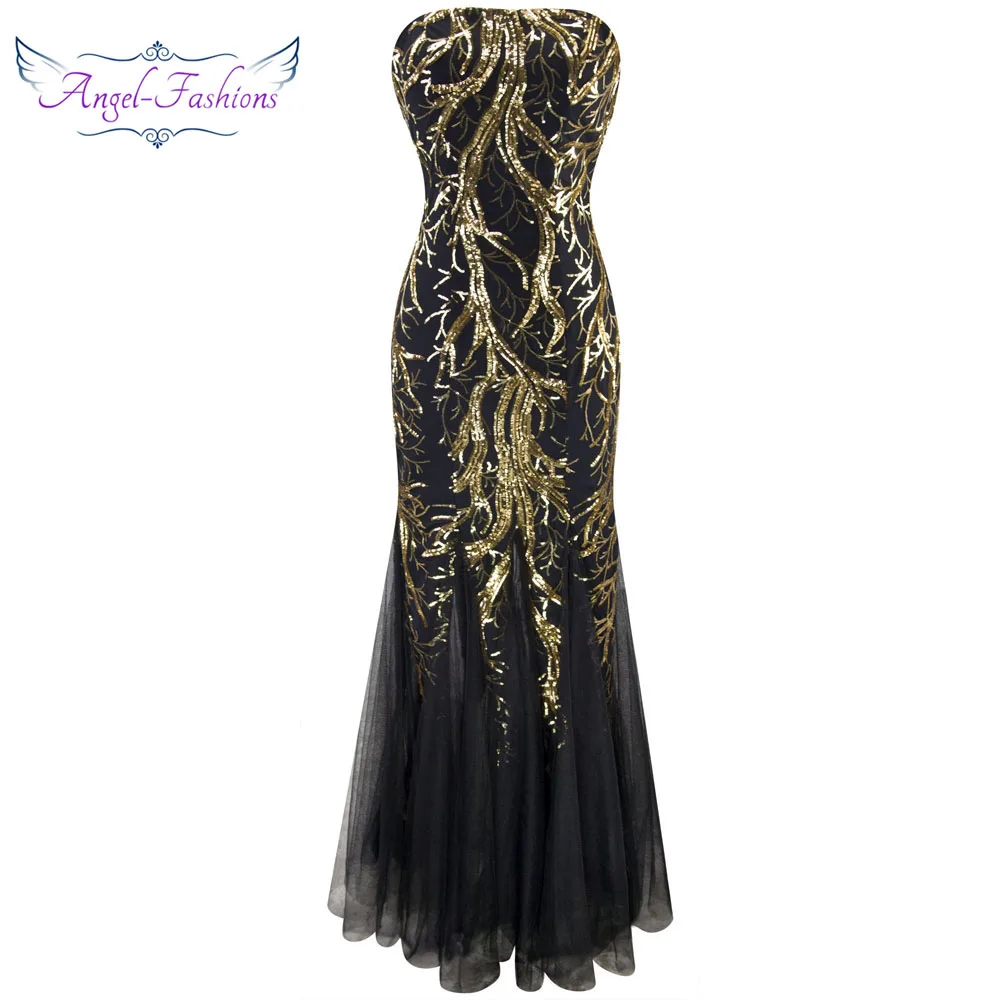 Женское Веч. Платье с блест. Angel fashions длинное вечернее платье золотистыми