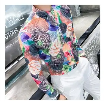 

2019 new men's long-sleeved fashion shirt Korean Slim hair stylist DJ printed shirt trend men's clothing