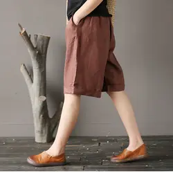 Однотонный комплект с эластичной резинкой на талии льняные штаны до колен Для женщин летние свободные Повседневное шаровары брюки до