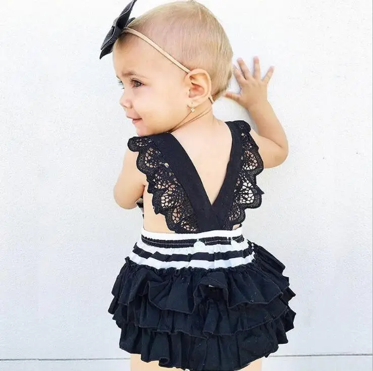 children black lace hemming ruffles cross straps romper baby girls