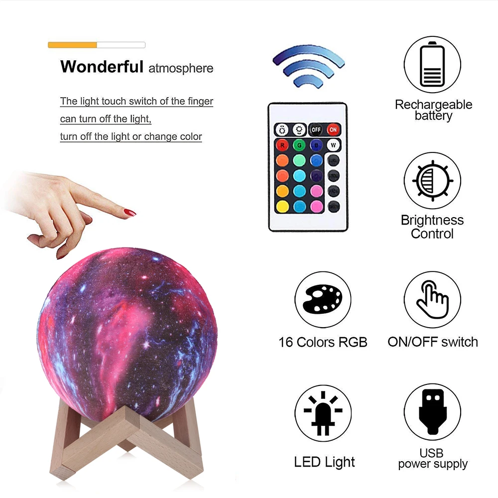 Remote Control 16/3 Colors 3D Moon Lamp LED Night Light Luminaria Lua Starry Sky Galaxy Light for Children Christmas Home Decor