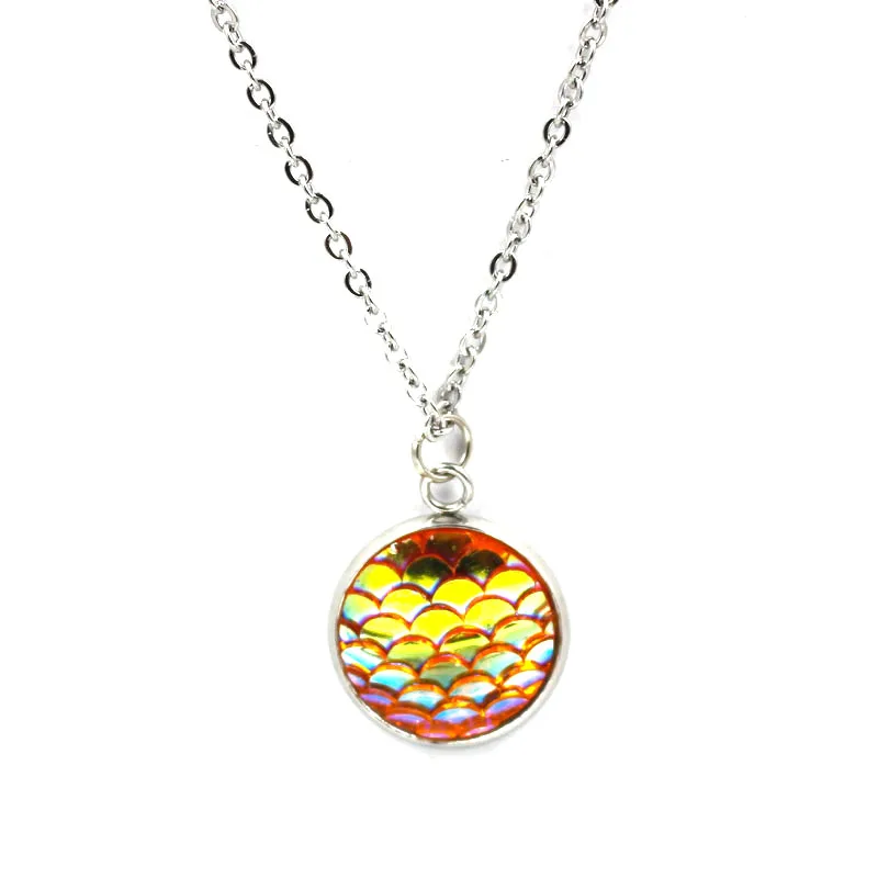 FnixtarResin Mermaid Fish /Dragon Scale Dome Seals Charm Pendant Stainless Steel Necklaces For Women 16mm 20Piece/Lot|stainless steel necklace|steel
