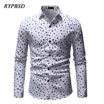 

2019 Autumn New Personality Lrregular Printing Plaid Men Slim Casual Young Large Size Long Sleeve Red White Dress Shirt Men Tops