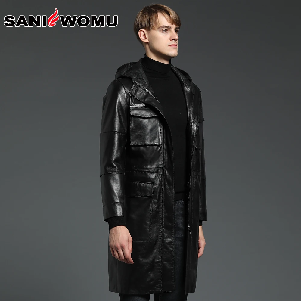 Genuine leather coat male Long slim real leather indbreaker cowhide leather coat Male England style with hooded jacket