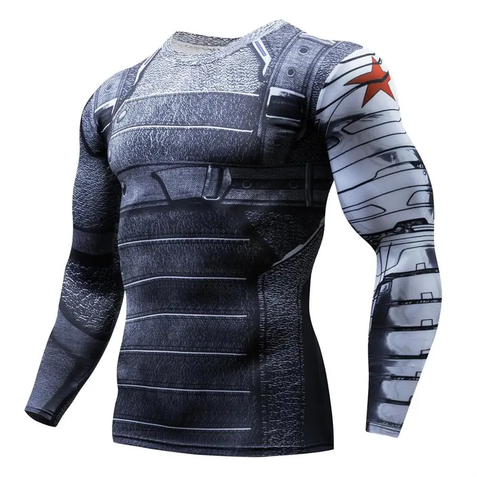 

2018 Marvel Superhero Winter Soldier Bucky 3D Men T Shirt gym Fitness Brand T-Shirt Long Sleeve Compression Shirt Mens MMA